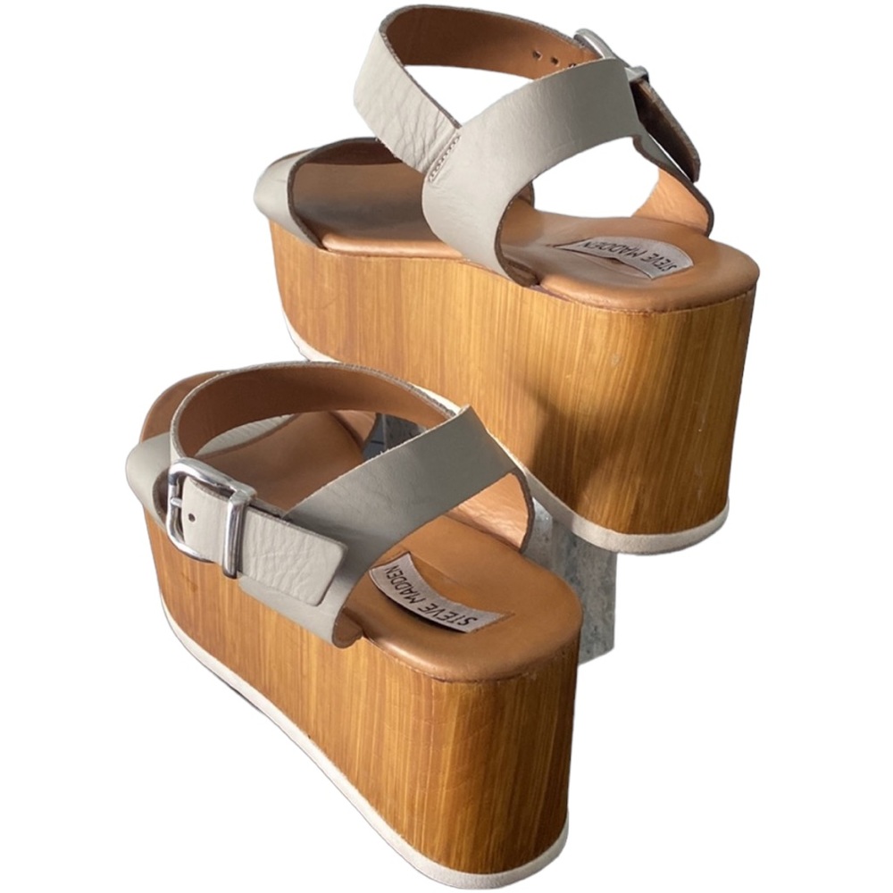 Steve Madden Cream Leather Platform Wedge Sandals - Picture 5 of 9